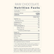 Raw Chocolate Nutrition Facts: 1 scoop (27.9g) = 120 calories; 22g protein; 1.5g fat (0.5g sat); 2g carbs (1g fiber, 0g sugar, 0g added); 270mg sodium. Ingredients: grass-fed beef proteins (isolate, bone broth, collagen), organic cacao, organic coconut milk powder, sea salt, monk fruit.