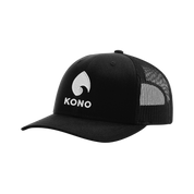 KONO black trucker hat—embroidered logo, curved brim, adjustable mesh-back baseball cap, isolated on transparent background.