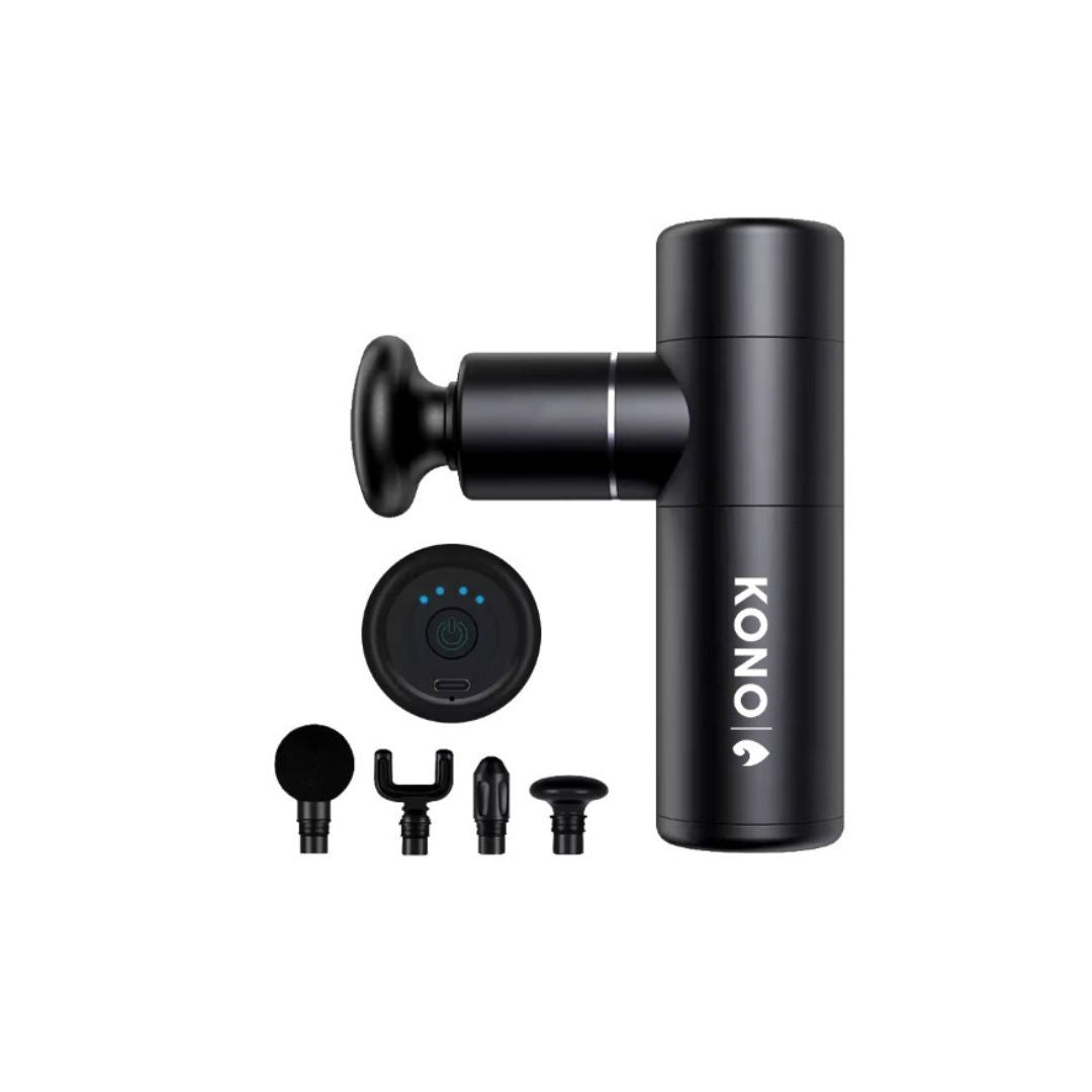 KONO Mini Massage Gun set—compact percussion massager with four interchangeable heads (ball, fork, bullet, flat) and speed indicator; black on white.