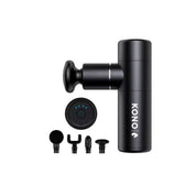 KONO Mini Massage Gun set—compact percussion massager with four interchangeable heads (ball, fork, bullet, flat) and speed indicator; black on white.
