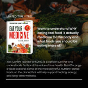 Free e-book promo: “Eat Your Medicine” by Alex D. Conley shown over fresh produce with headline “limited time — free” and wellness copy