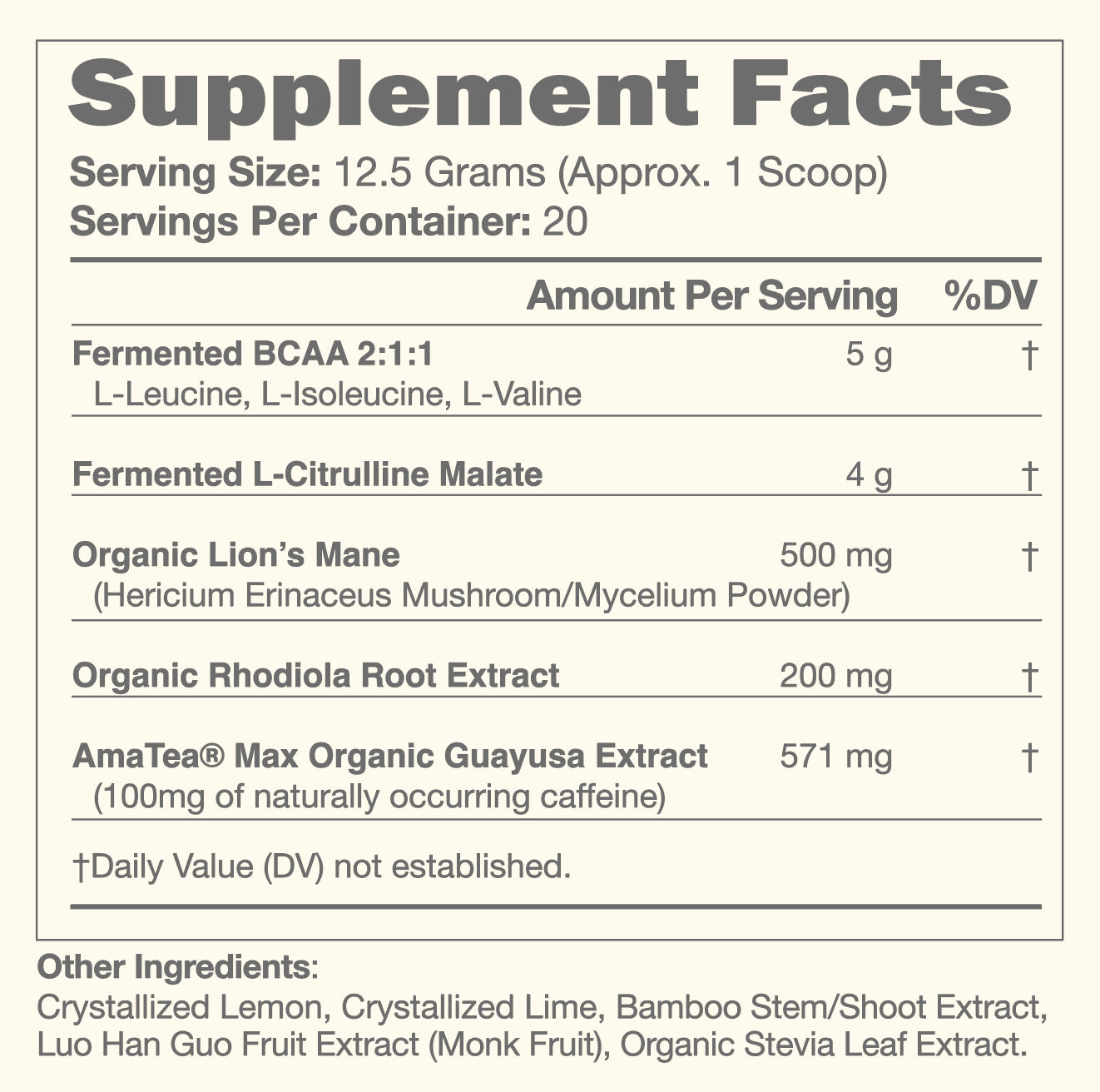 KONO Pre-Workout Lemons & Limes Supplement Facts: 1 scoop 12.5g (20 servings)—BCAA 2:1:1 5g, L-citrulline malate 4g, lion’s mane 500mg, rhodiola 200mg, guayusa 571mg (~100mg caffeine)