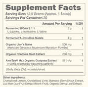 KONO Pre-Workout Lemons & Limes Supplement Facts: 1 scoop 12.5g (20 servings)—BCAA 2:1:1 5g, L-citrulline malate 4g, lion’s mane 500mg, rhodiola 200mg, guayusa 571mg (~100mg caffeine)