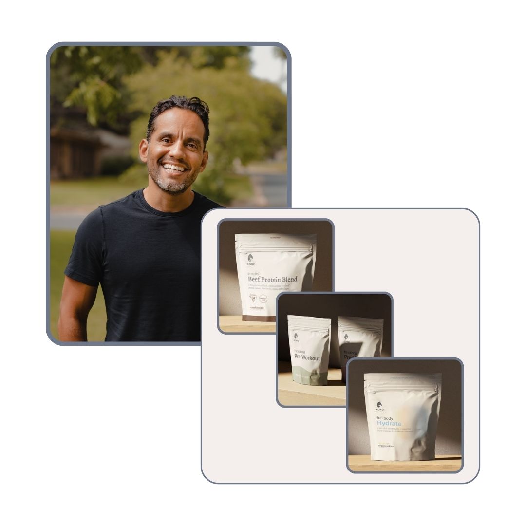 Smiling man in black T-shirt beside collage of KONO products—Grass-fed Beef Protein Blend, Functional Pre-Workout, and Full Body
