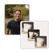Smiling man in black T-shirt beside collage of KONO products—Grass-fed Beef Protein Blend, Functional Pre-Workout, and Full Body