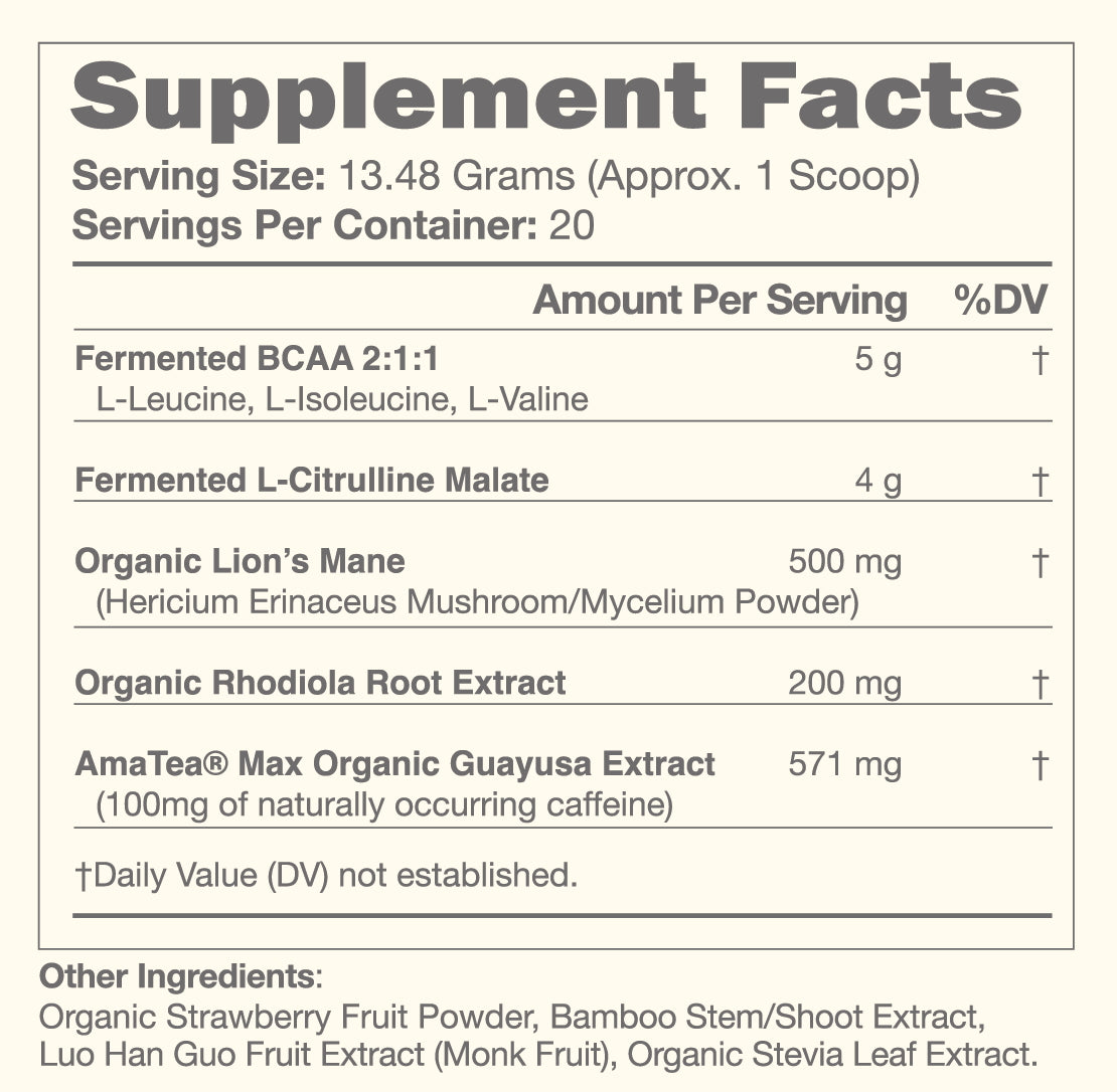 KONO Pre-Workout Strawberries Supplement Facts: 1 scoop 13.48g (20 servings)—BCAA 2:1:1 5g, L-citrulline malate 4g, lion’s mane 500mg, rhodiola 200mg, guayusa 571mg (~100mg caffeine); with organic strawberry powder.