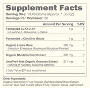 KONO Pre-Workout Strawberries Supplement Facts: 1 scoop 13.48g (20 servings)—BCAA 2:1:1 5g, L-citrulline malate 4g, lion’s mane 500mg, rhodiola 200mg, guayusa 571mg (~100mg caffeine); with organic strawberry powder.