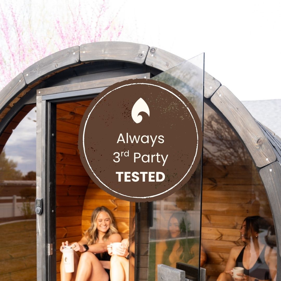 KONO quality seal—Always third-party tested—overlay on lifestyle sauna scene with friends holding drinks
