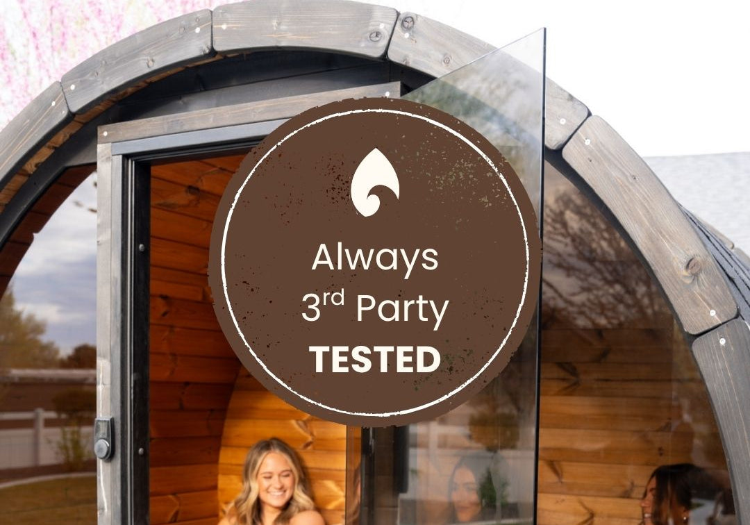 KONO quality seal—Always third-party tested—overlay on lifestyle sauna scene with friends holding drinks