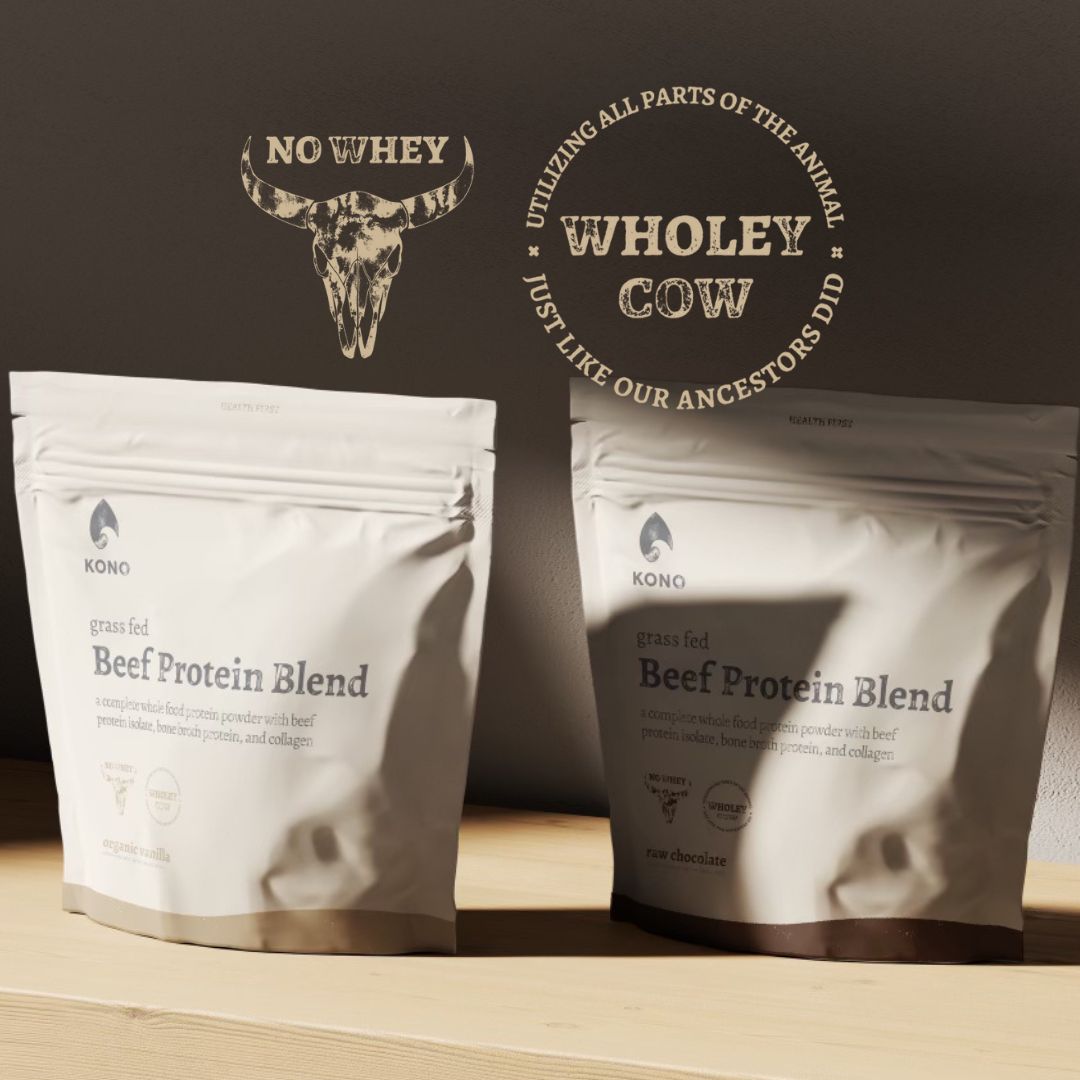 KONO grass-fed Beef Protein Blend pouches on a wooden shelf with “No Whey” longhorn skull and “Wholey Cow – utilizing all parts of the animal” badges on the wall