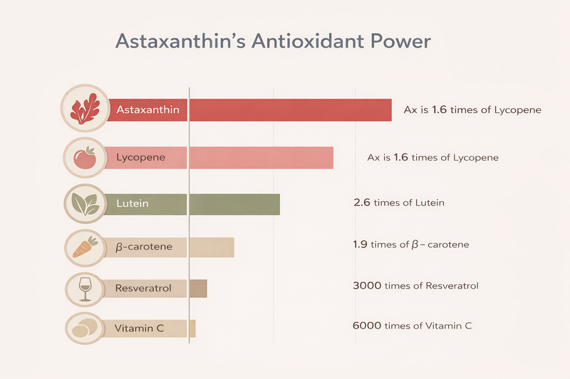 Astaxanthin antioxidant comparison chart showing astaxanthin outperforming lycopene, lutein, beta-carotene, resveratrol, and vitamin C.