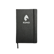 Black KONO notebook isolated on transparent background, front cover with elastic band—clean ecommerce product photo