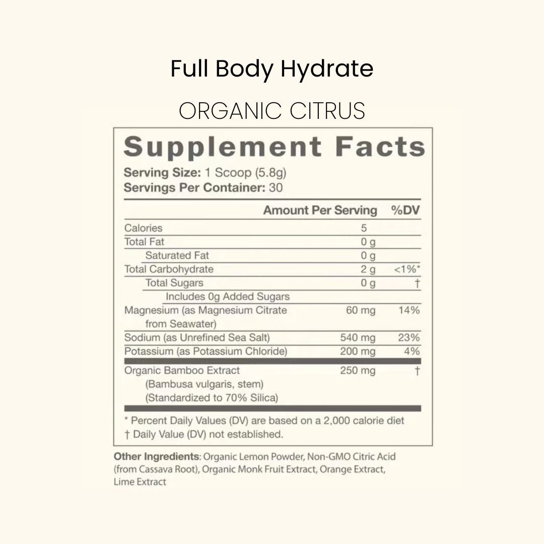 Full Body Hydrate Organic Citrus Supplement Facts—1 scoop (5.8g), 5 calories; magnesium 60mg; sodium 540mg; potassium 200mg; 2g carbs, 0g sugar; organic bamboo extract 250mg.