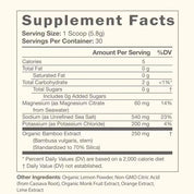 Hydrate+ Supplement Facts—1 scoop (5.8g), 5 calories; magnesium 60mg (citrate), sodium 540mg, potassium 200mg; 0g sugar; bamboo extract 250mg.