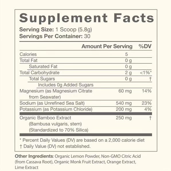 Hydrate+ Supplement Facts—1 scoop (5.8g), 5 calories; magnesium 60mg (citrate), sodium 540mg, potassium 200mg; 0g sugar; bamboo extract 250mg.