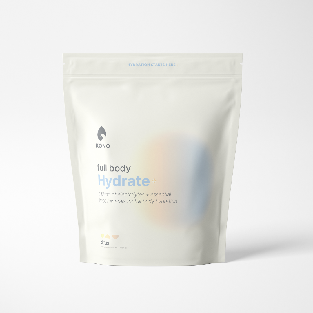 KONO full body Hydrate+ organic citrus electrolyte powder—front view of resealable pouch product photo on white background.