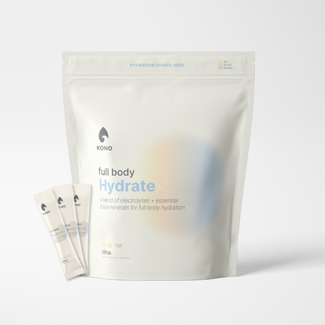 KONO full body Hydrate+ organic citrus electrolyte powder—family pack with three single-serve sticks, isolated on white.
