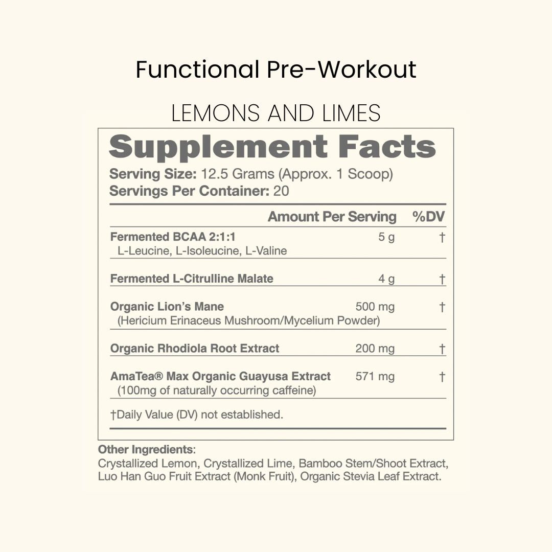 KONO Functional Pre-Workout Lemons & Limes Supplement Facts—per scoop (12.5g): BCAA 2:1:1 5g, L-citrulline malate 4g, organic lion’s mane 500mg, rhodiola 200mg, AmaTea® guayusa 571mg (~100mg caffeine)