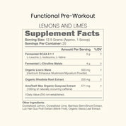 KONO Functional Pre-Workout Lemons & Limes Supplement Facts—per scoop (12.5g): BCAA 2:1:1 5g, L-citrulline malate 4g, organic lion’s mane 500mg, rhodiola 200mg, AmaTea® guayusa 571mg (~100mg caffeine)