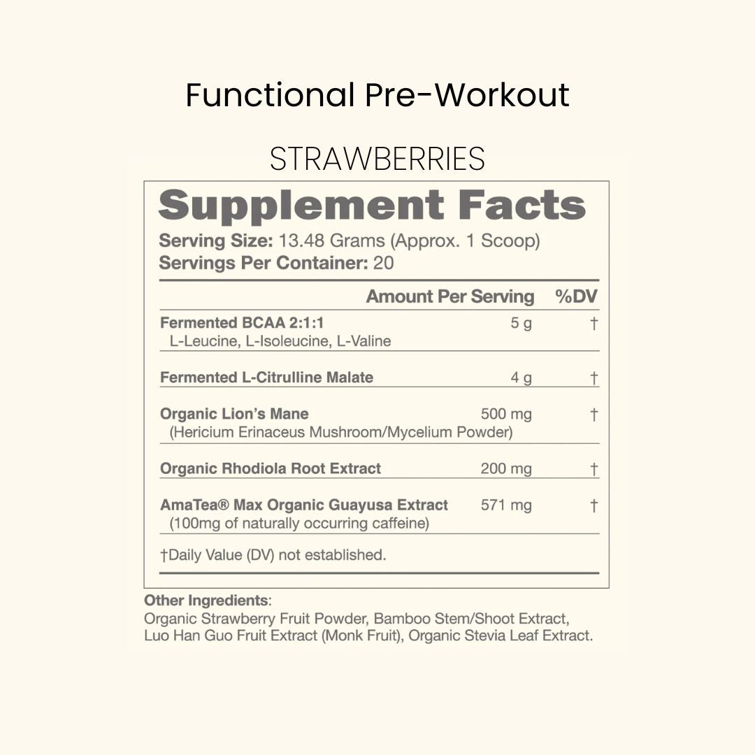 KONO Functional Pre-Workout Strawberries Supplement Facts—per scoop (13.48g): BCAA 2:1:1 5g, L-citrulline malate 4g, organic lion’s mane 500mg, rhodiola 200mg, AmaTea® guayusa 571mg (~100mg caffeine).