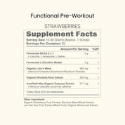 KONO Functional Pre-Workout Strawberries Supplement Facts—per scoop (13.48g): BCAA 2:1:1 5g, L-citrulline malate 4g, organic lion’s mane 500mg, rhodiola 200mg, AmaTea® guayusa 571mg (~100mg caffeine).