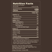 KONO Whey Protein Isolate Raw Chocolate Nutrition Facts—per 1 scoop (30.9g): 120 calories, 24g protein, 2g carbs, 0g sugar, 0.5g fat, 160mg sodium; ingredients include grass-fed whey protein isolate and organic cacao; contains milk.