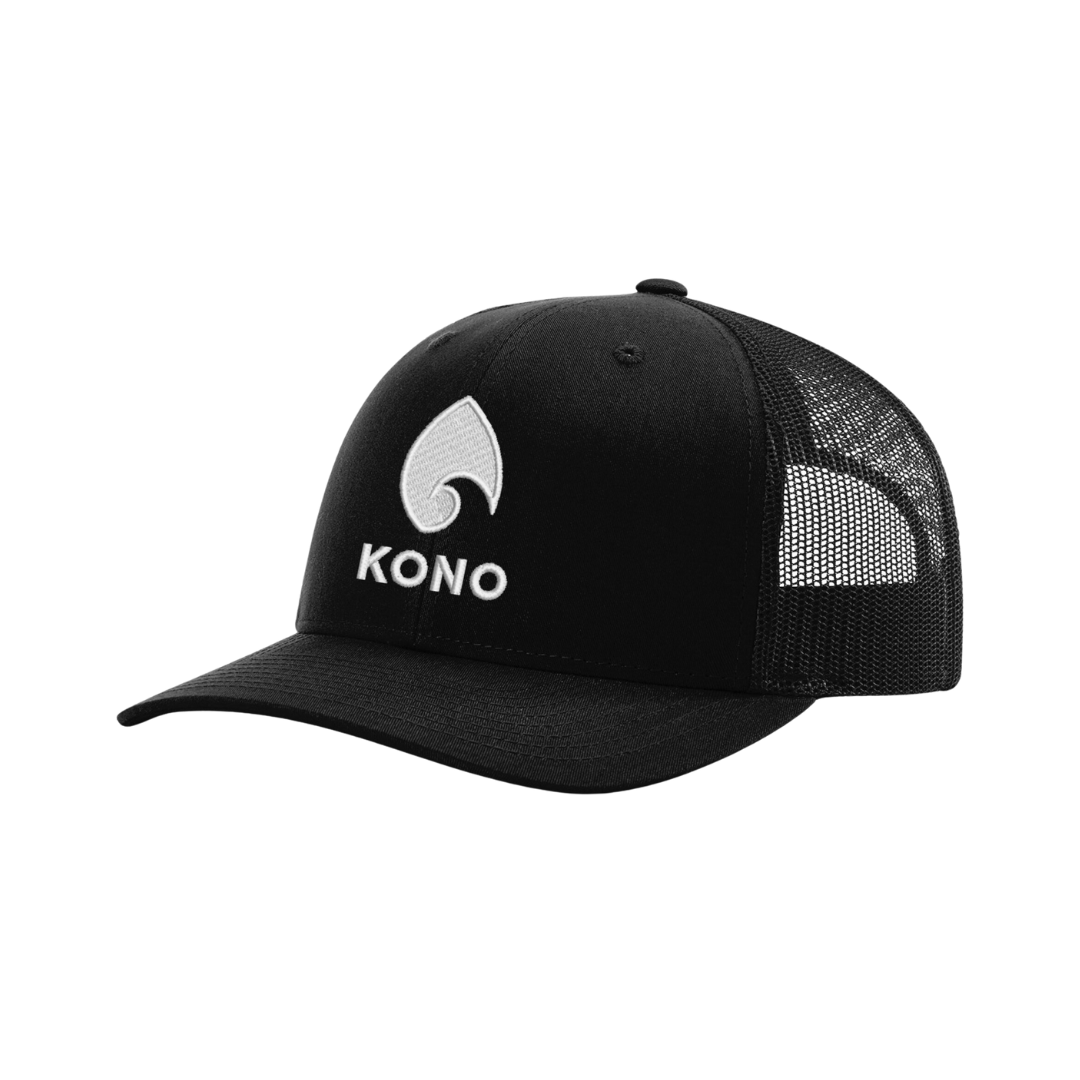 KONO black trucker hat—embroidered logo, curved brim, adjustable mesh-back baseball cap, isolated on transparent background.