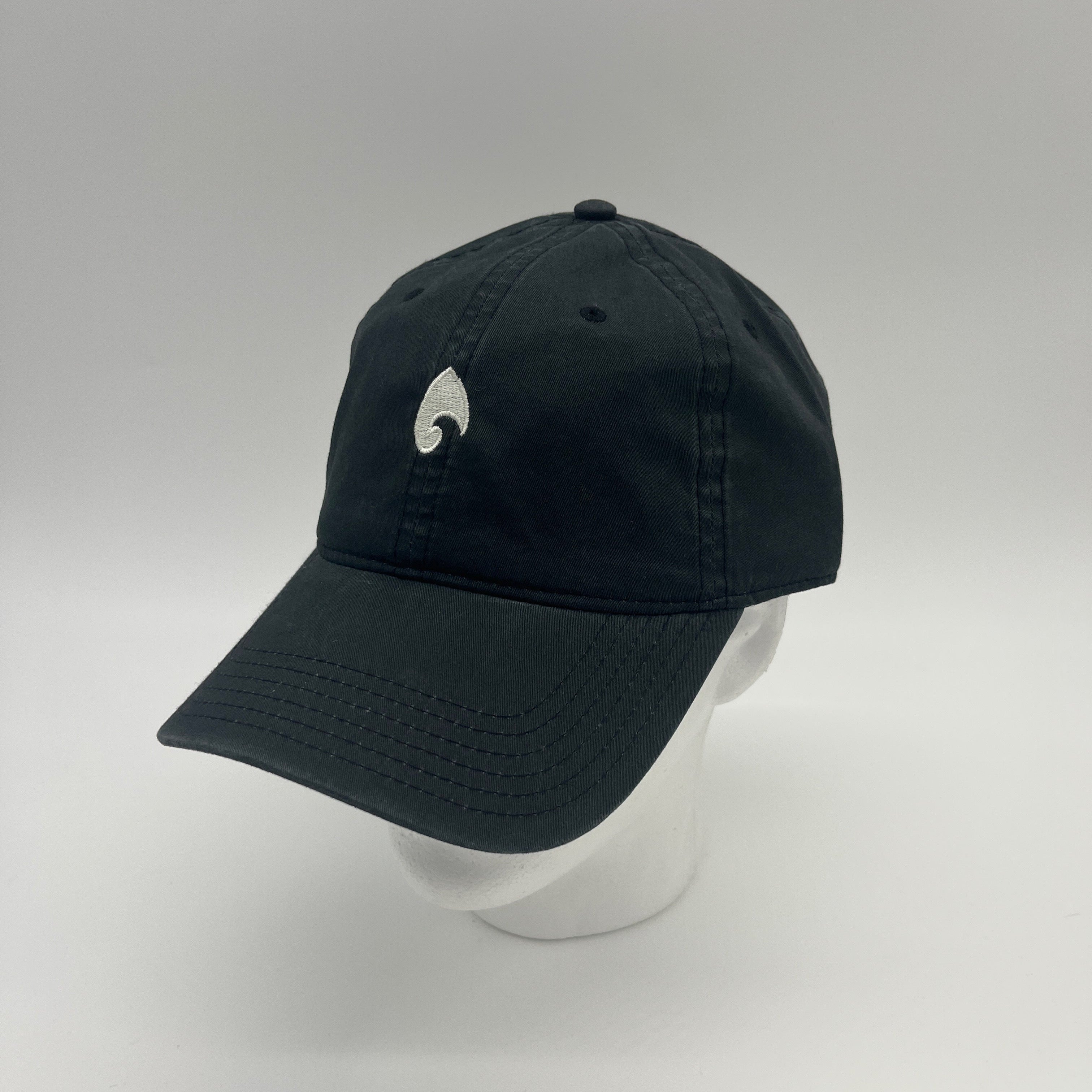 KONO embroidered logo dad hat in black—unstructured cotton baseball cap on mannequin, curved brim