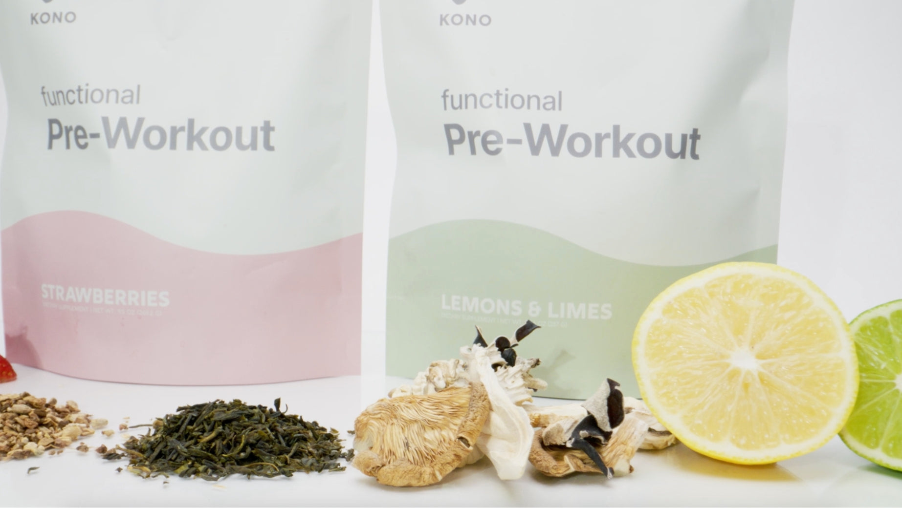KONO functional pre-workout with lemons and limes, lion’s mane mushrooms, green tea, and natural sweeteners in front of product pouches