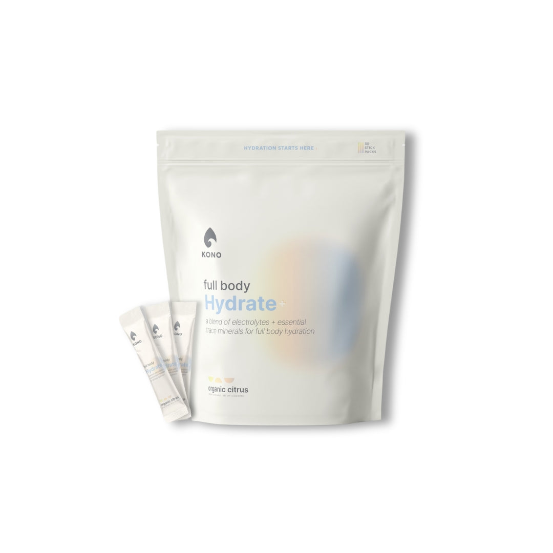 KONO full body Hydrate+ organic citrus electrolyte powder—family pack with three single-serve sticks, isolated on white.