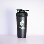 Black shaker: Matte black KONO BlenderBottle shaker bottle with flip cap and metallic logo, front-facing studio product image.