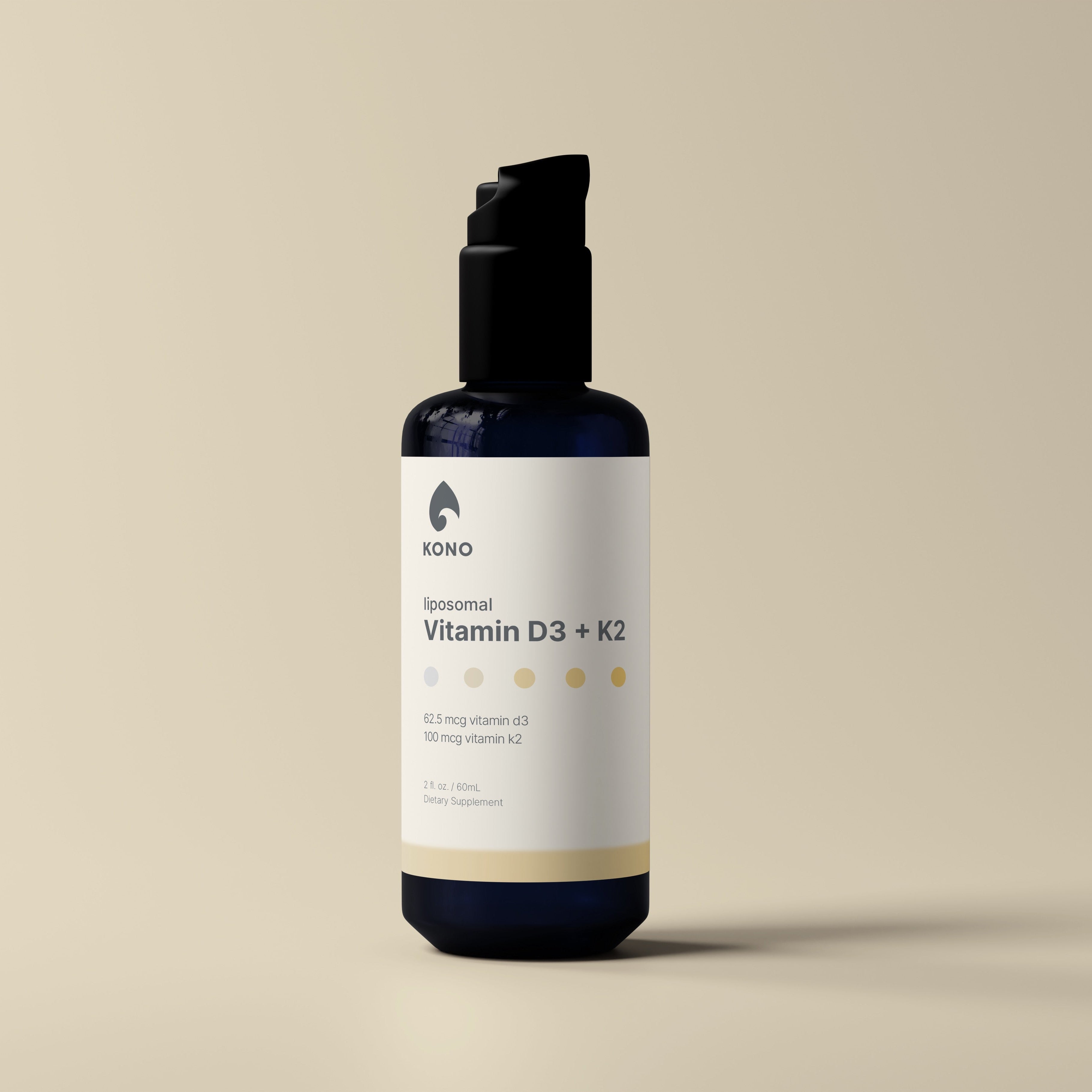 KONO Liposomal Vitamin D3 + K2—2 fl oz (60 mL) dark glass pump bottle on neutral background.