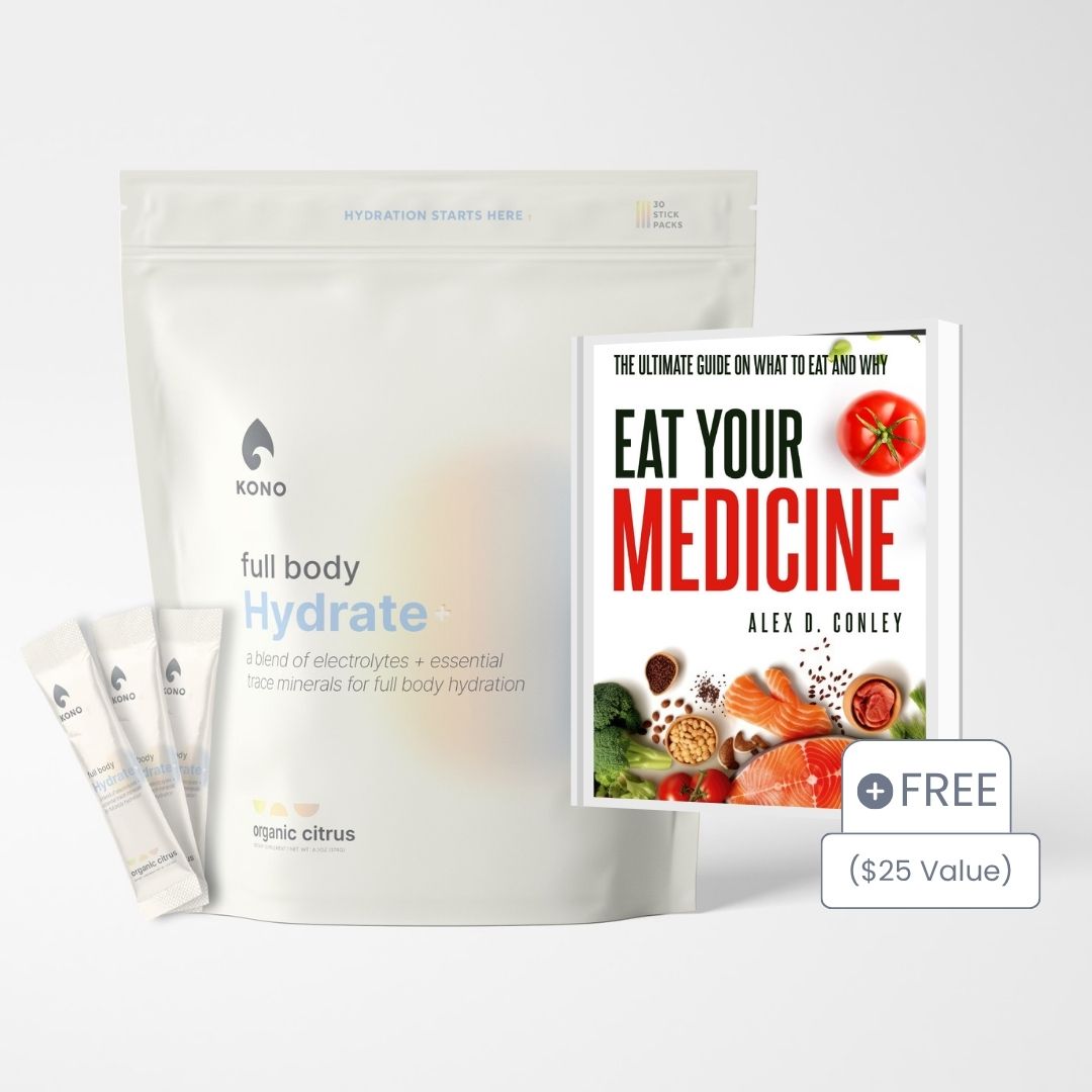 KONO Full Body Hydrate+ organic citrus (30 stick packs) bundled with the free “Eat Your Medicine” nutrition e-book ($25 value
